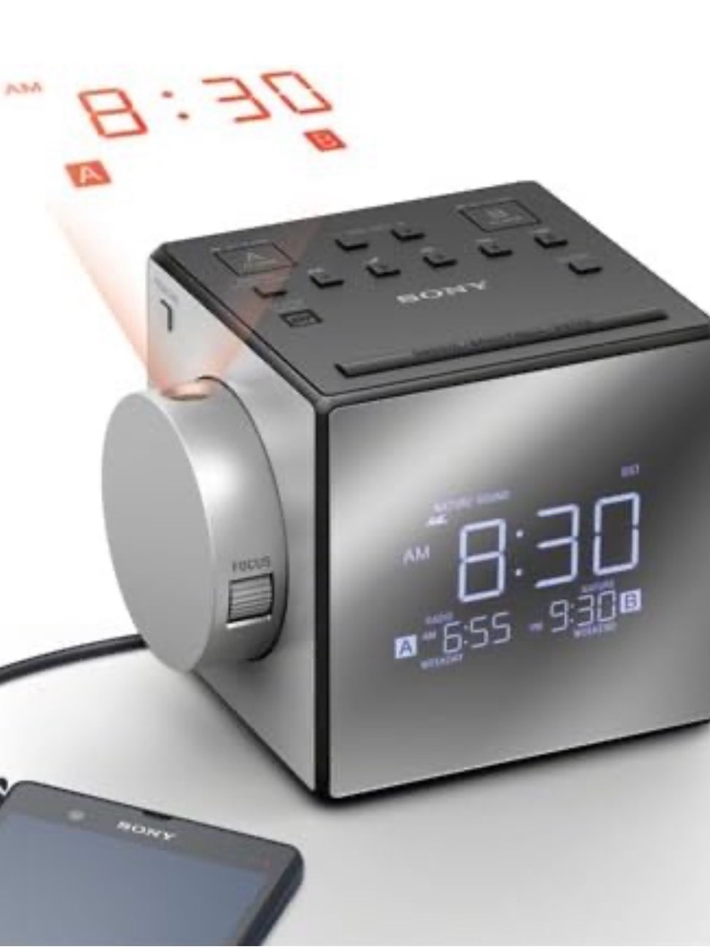 Sony Silver and Black Projection Alarm Clock Radio